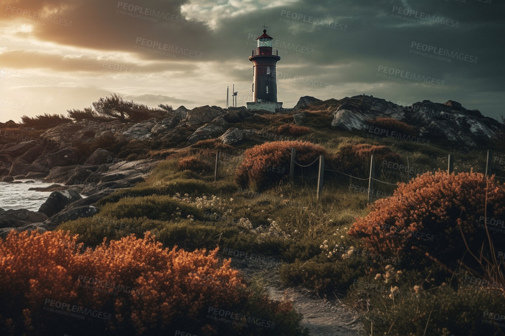 Buy stock photo Lighthouse, cloud in sunset sky and building of port direction. Ai generated light as sea navigation