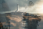 Lighthouse, hiking man and double exposure of travel and direction. Ai generated light for adventure