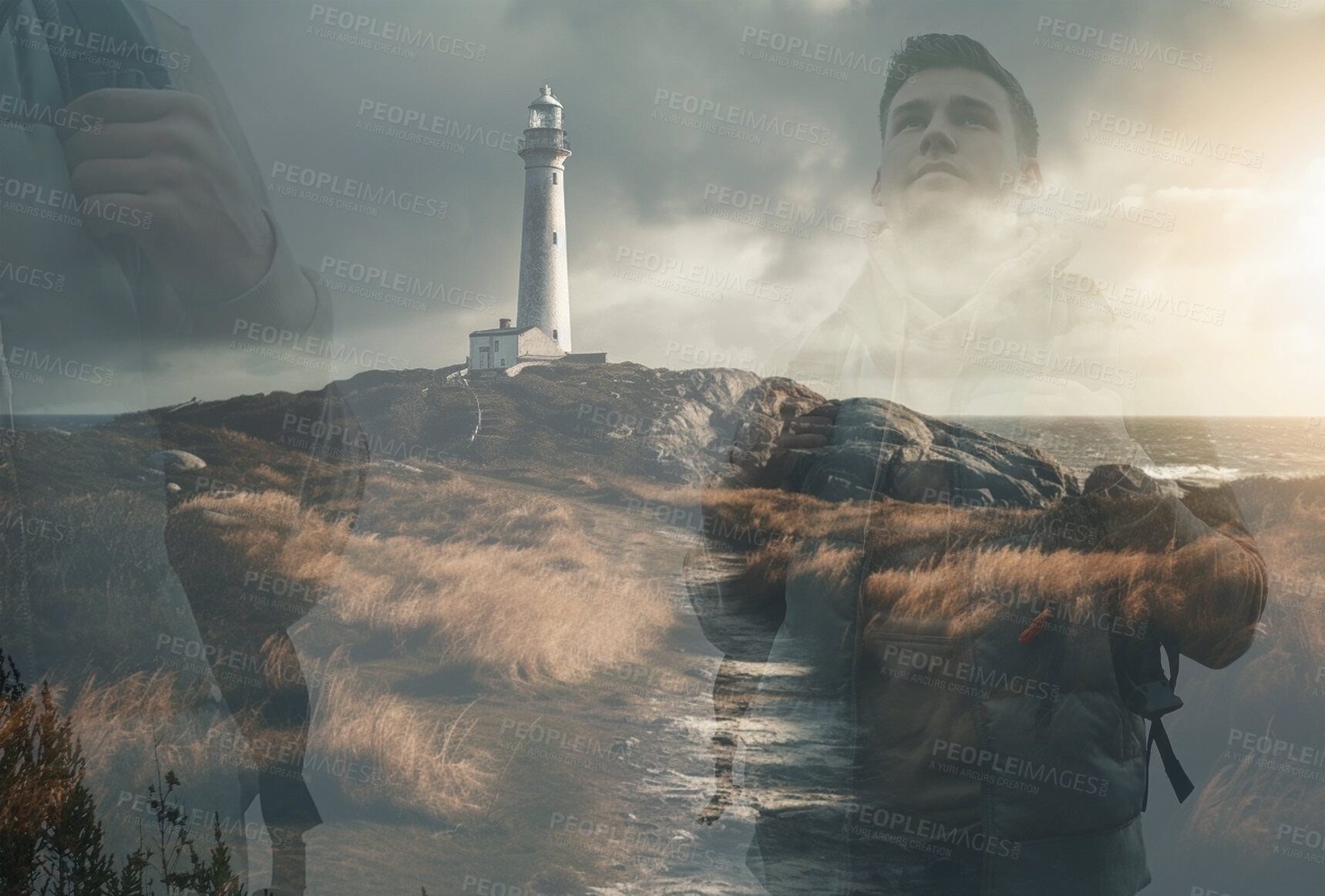 Buy stock photo Lighthouse, hiking man and double exposure of travel and direction. Ai generated light for adventure