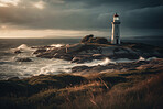 Lighthouse, cloud in sunset sky and building of port direction. Ai generated light as sea navigation