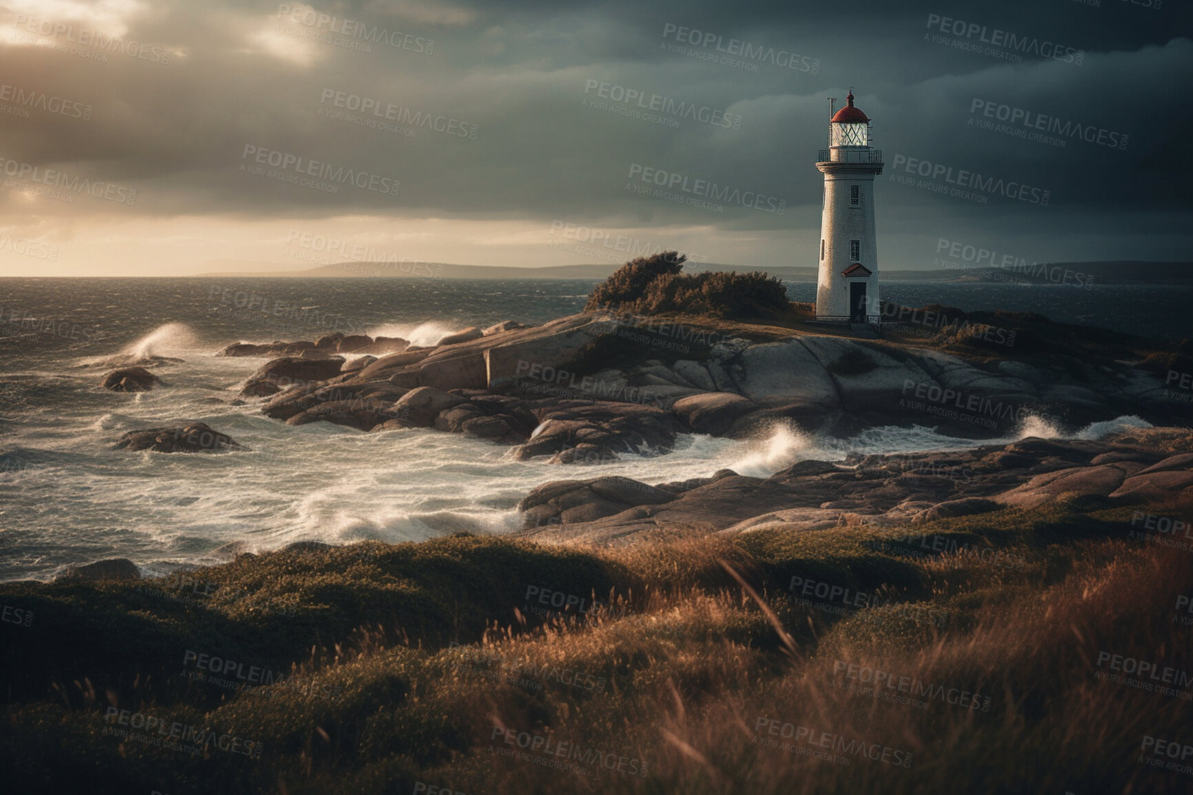 Buy stock photo Lighthouse, cloud in sunset sky and building of port direction. Ai generated light as sea navigation