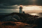 Lighthouse, cloud in sunset sky and building of port direction. Ai generated light as sea navigation