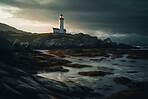 Lighthouse, cloud in sunset sky and building of port direction. Ai generated light as sea navigation