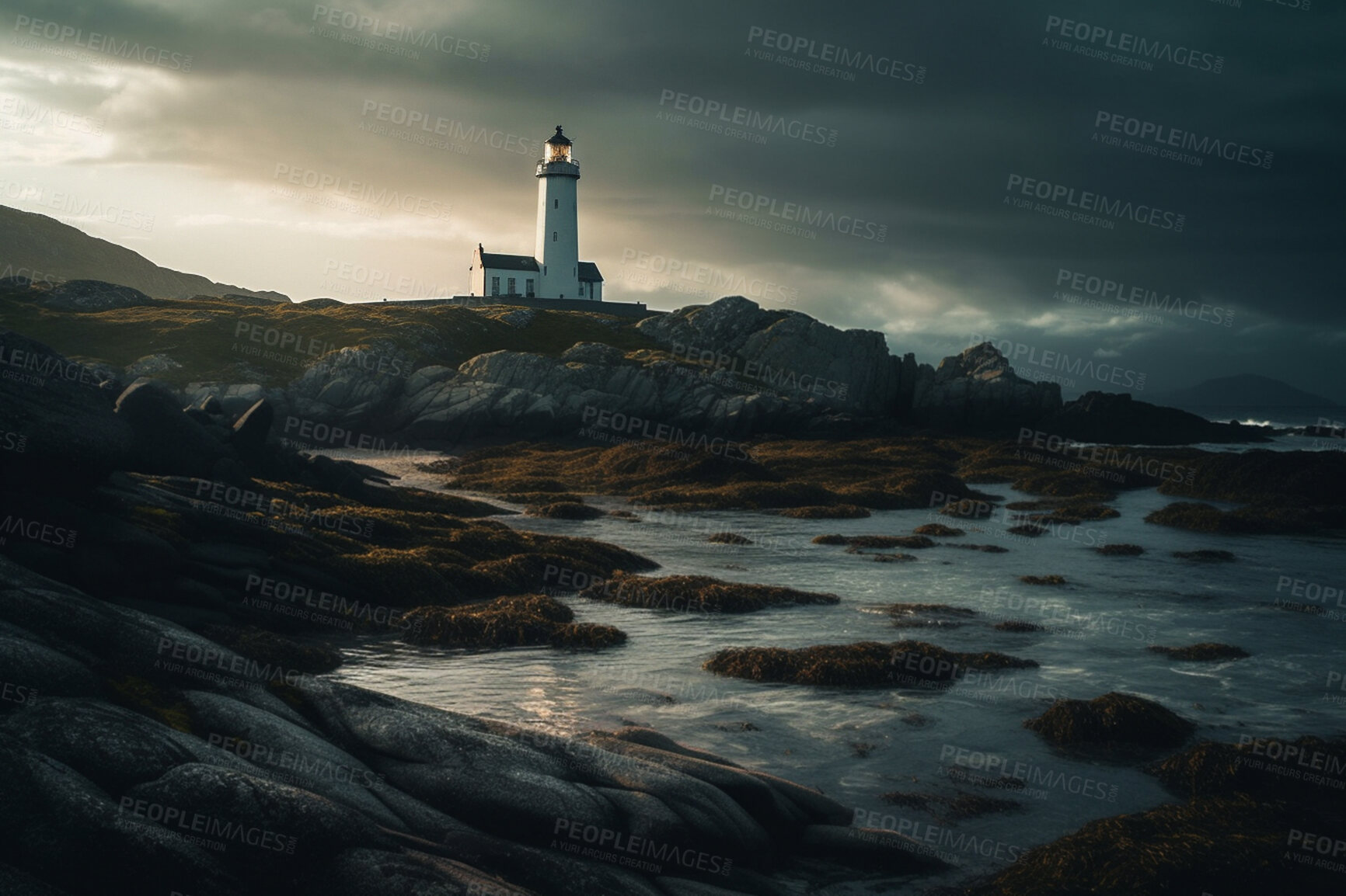 Buy stock photo Lighthouse, cloud in sunset sky and building of port direction. Ai generated light as sea navigation