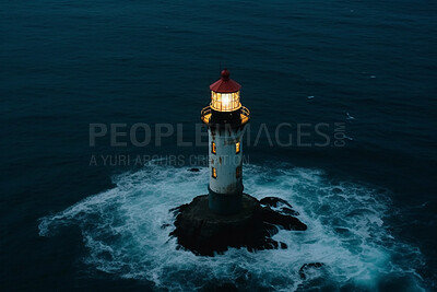 Lighthouse, waves in ocean storm and building of port direction. Aerial of Ai generated light at sea