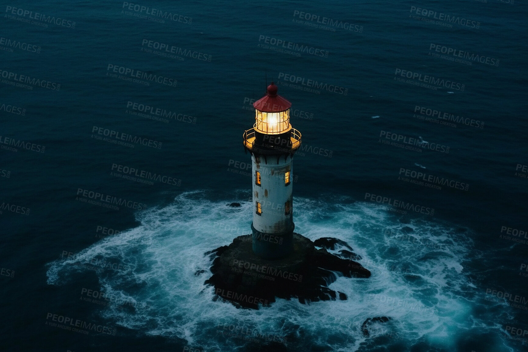 Buy stock photo Lighthouse, waves in ocean storm and building of port direction. Aerial of Ai generated light at sea