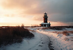 Lighthouse, cloud in sunset sky and building of port direction. Ai generated light as sea navigation