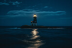 Lighthouse, night sky and building of port or ocean direction. Ai generated light as sea navigation