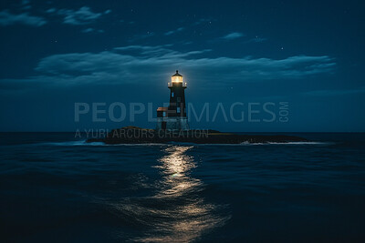 Lighthouse, night sky and building of port or ocean direction. Ai generated light as sea navigation