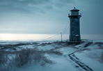 Lighthouse, cloud in sunset sky and building of port direction. Ai generated light as sea navigation