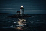 Lighthouse, night sky and building of port or ocean direction. Ai generated light as sea navigation