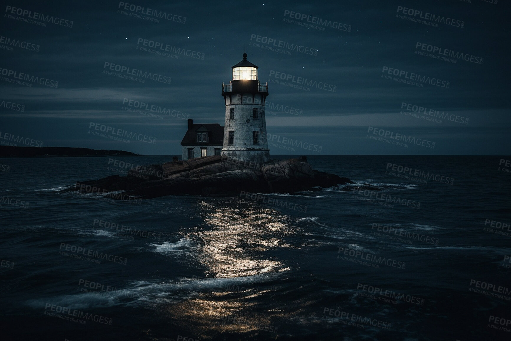 Buy stock photo Lighthouse, night sky and building of port or ocean direction. Ai generated light as sea navigation