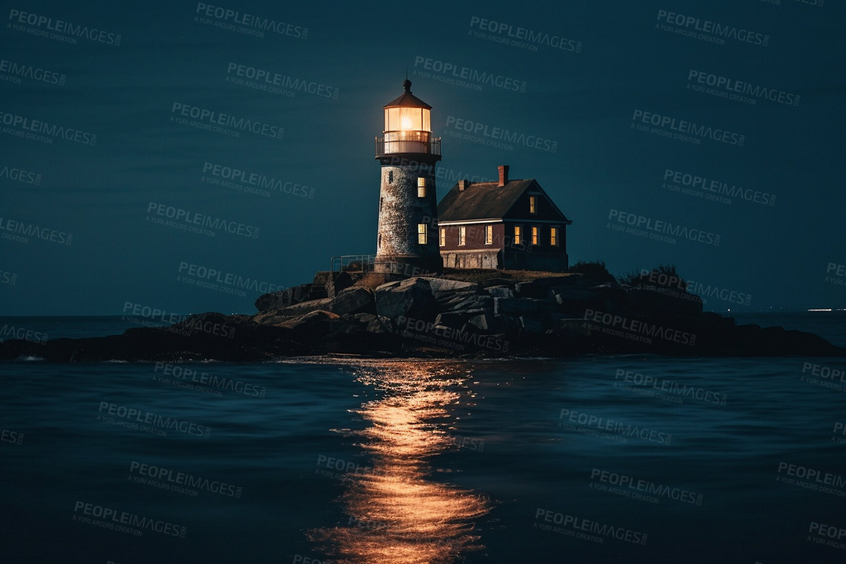 Buy stock photo Lighthouse, cloud in night sky and building of port direction. Ai generated light as sea navigation