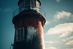 Lighthouse, sky and building of port direction bay the ocean. Ai generated light as sea navigation