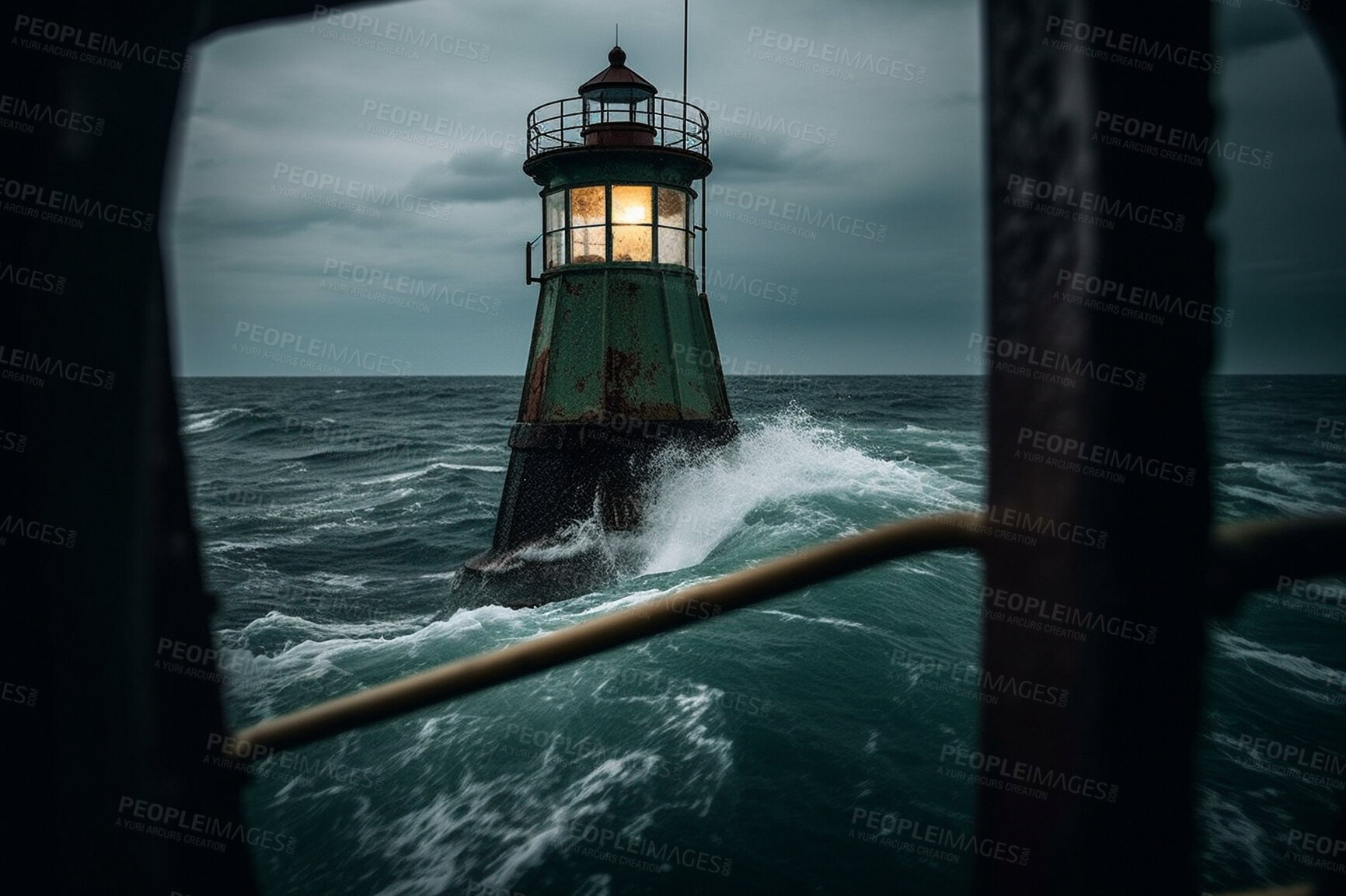 Buy stock photo Lighthouse, ocean and window view of building at port for direction. Ai generated light at sea