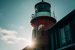 Lighthouse, sky and building of port direction bay the ocean. Ai generated light as sea navigation