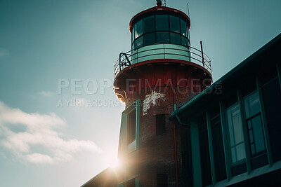 Lighthouse, sky and building of port direction bay the ocean. Ai generated light as sea navigation