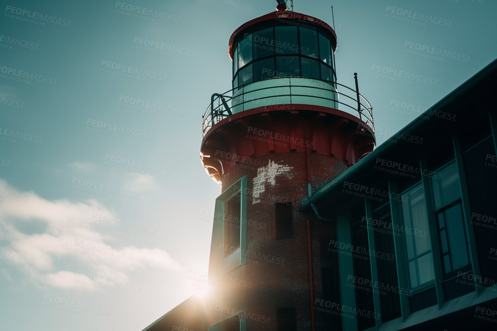 Buy stock photo Lighthouse, sky and building of port direction bay the ocean. Ai generated light as sea navigation