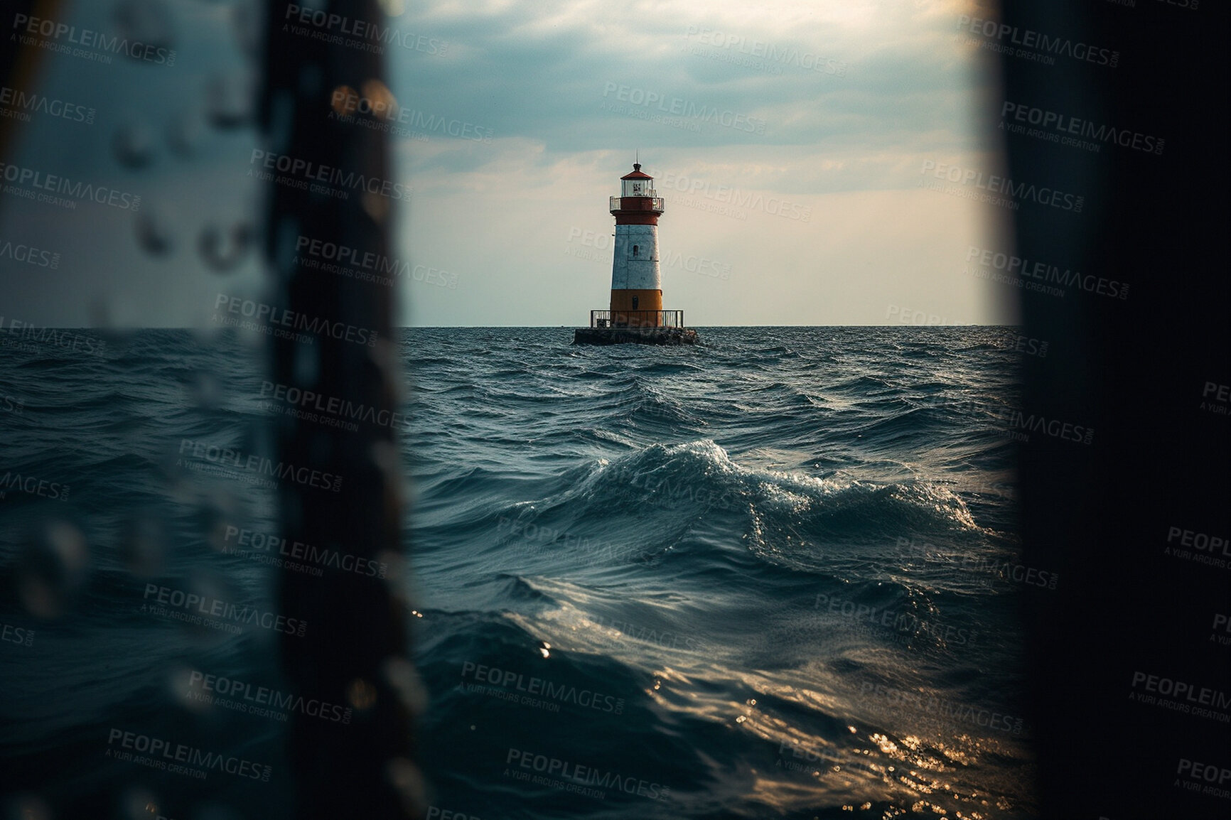 Buy stock photo Lighthouse, ocean and window view of building at port for direction. Ai generated light at sea