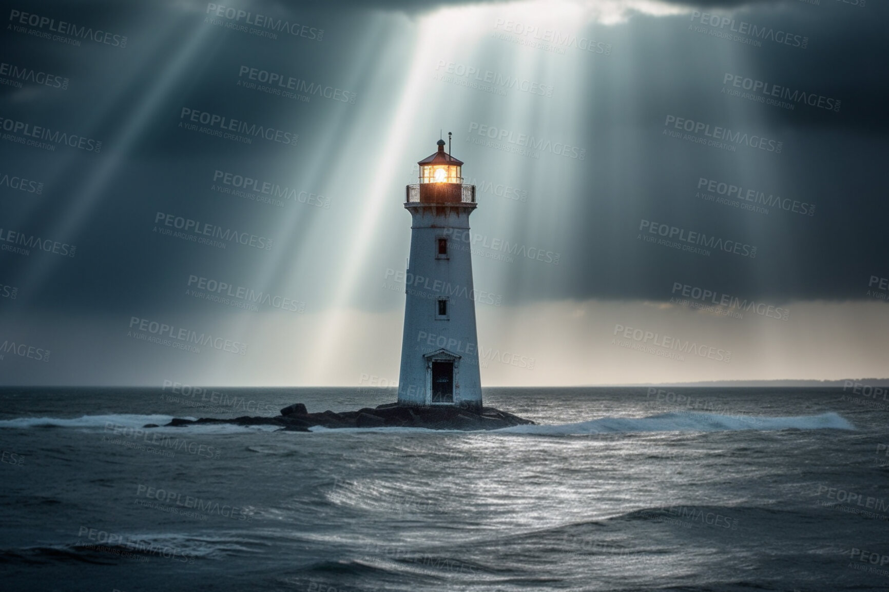 Buy stock photo Lighthouse, cloud in sunset sky and building of port direction. Ai generated light as sea navigation