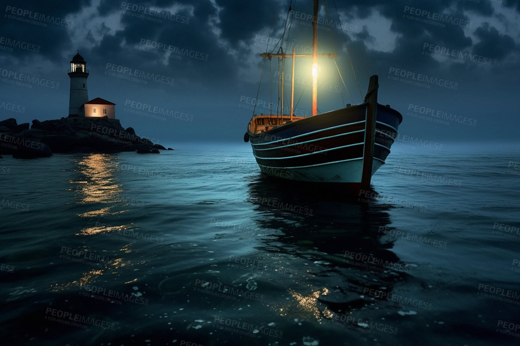 Buy stock photo Lighthouse, fishing boat in ocean for port direction at night. Ai generated light and ship at sea