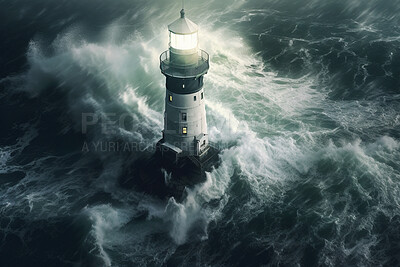 Lighthouse, waves in ocean storm and building of port direction. Aerial of Ai generated light at sea