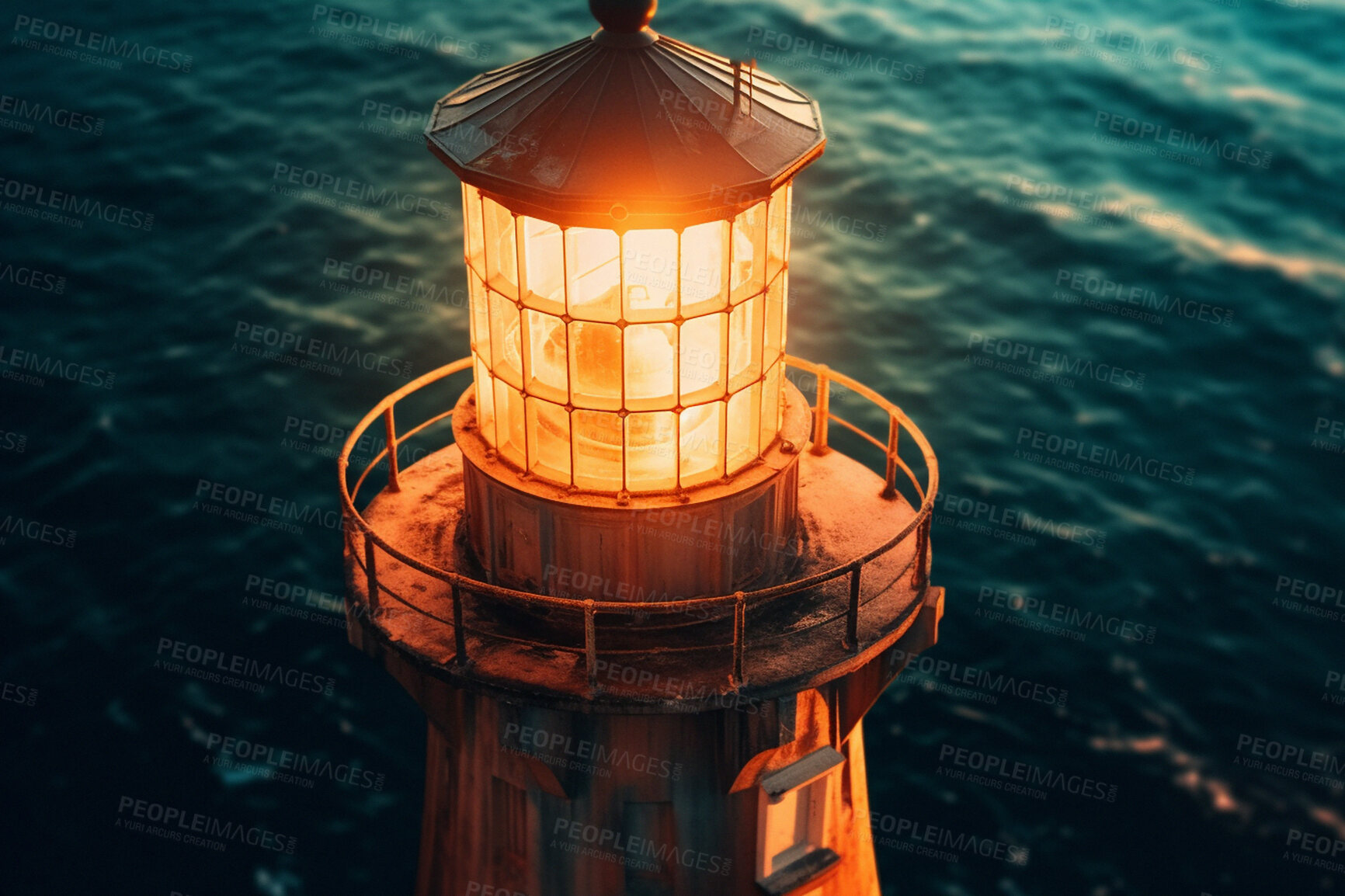 Buy stock photo Lighthouse, ocean and building of port direction. Ai generated light at sea for navigation at night