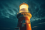 Lighthouse, night sky and building of port or ocean direction. Ai generated light as sea navigation