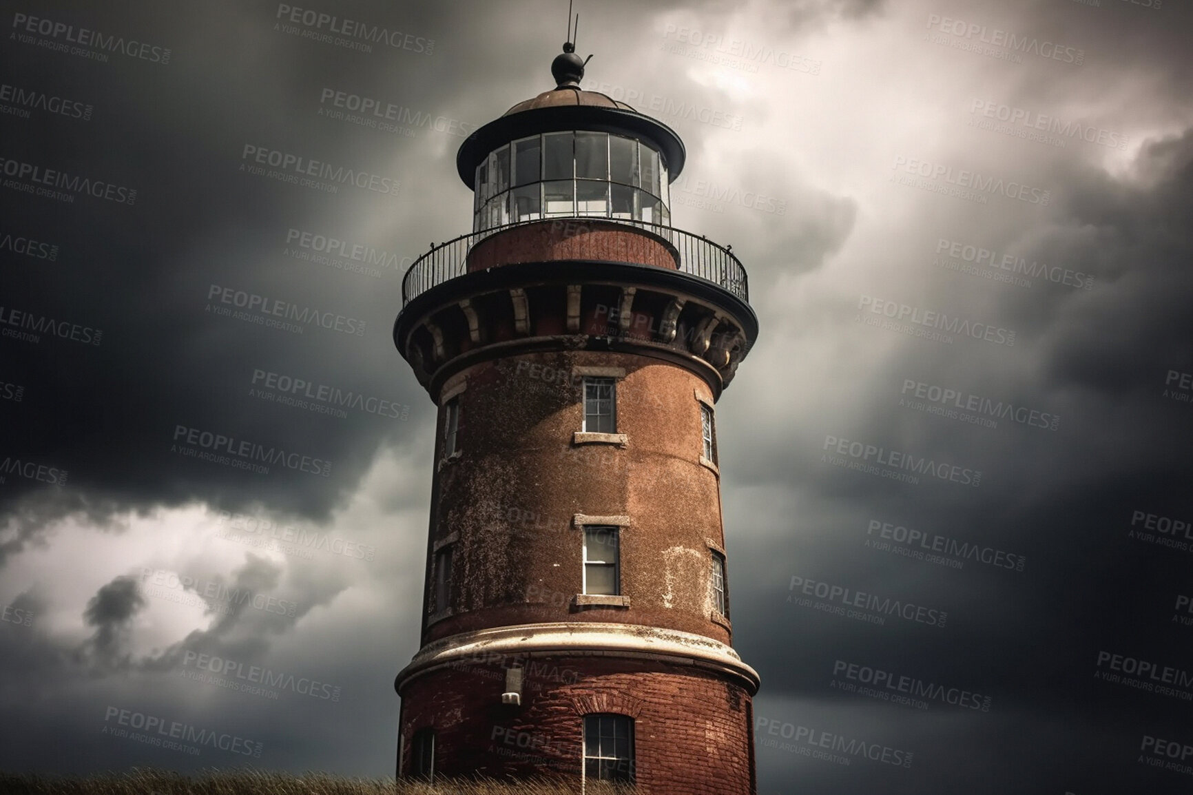 Buy stock photo Lighthouse, cloud in sky and building of port direction. Ai generated light as sea navigation