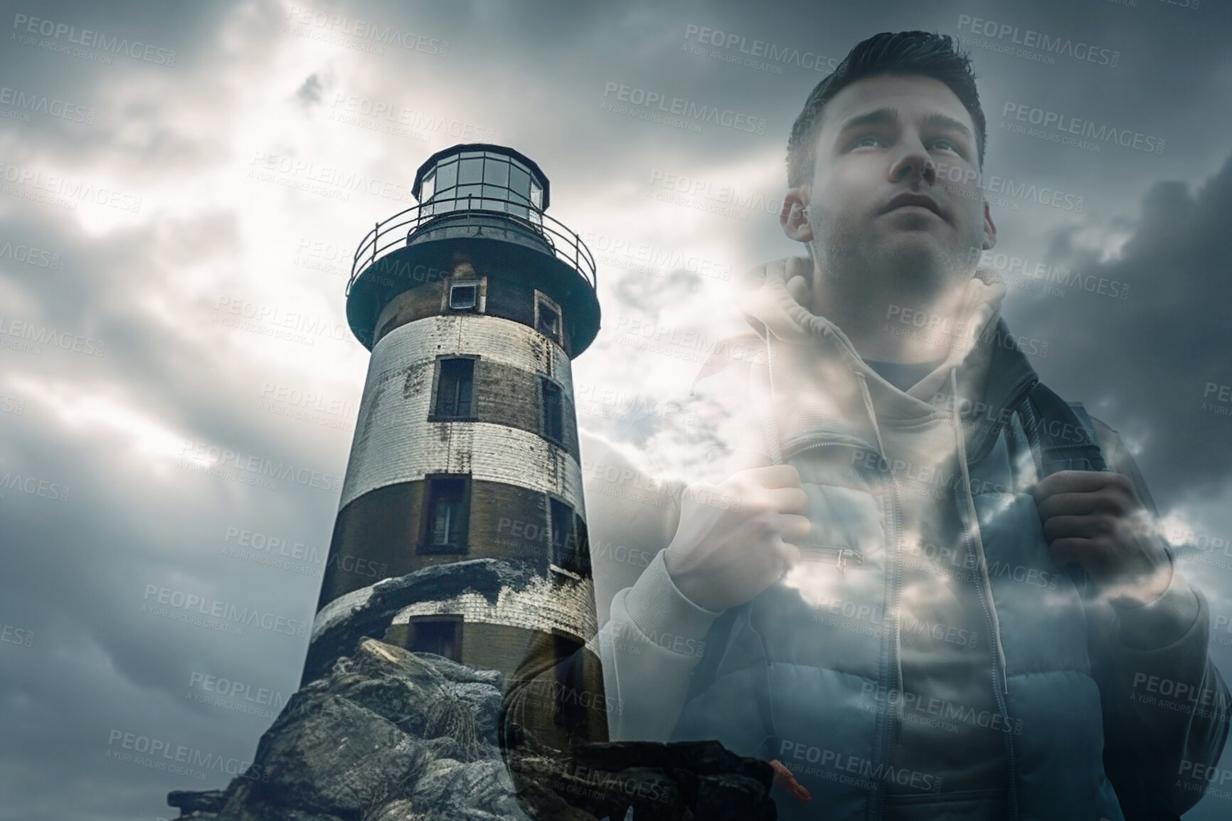 Buy stock photo Lighthouse, hiking man and double exposure of travel and direction. Ai generated light for adventure