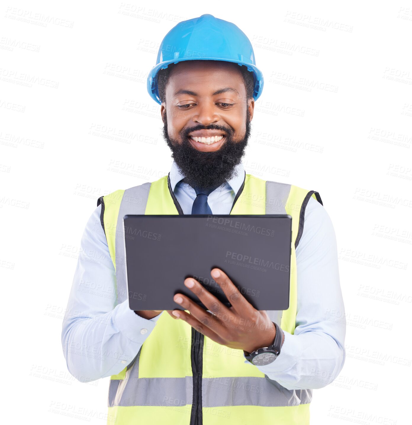 Buy stock photo Black man, tablet and construction with smile, engineer with digital blueprint and architecture on png transparent background. Male architect, project management with design app and online plan