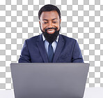 Black man, happy corporate and laptop in studio for planning, business research and internet. Male employee, computer technology and background for website connection, online stocks or digital trader