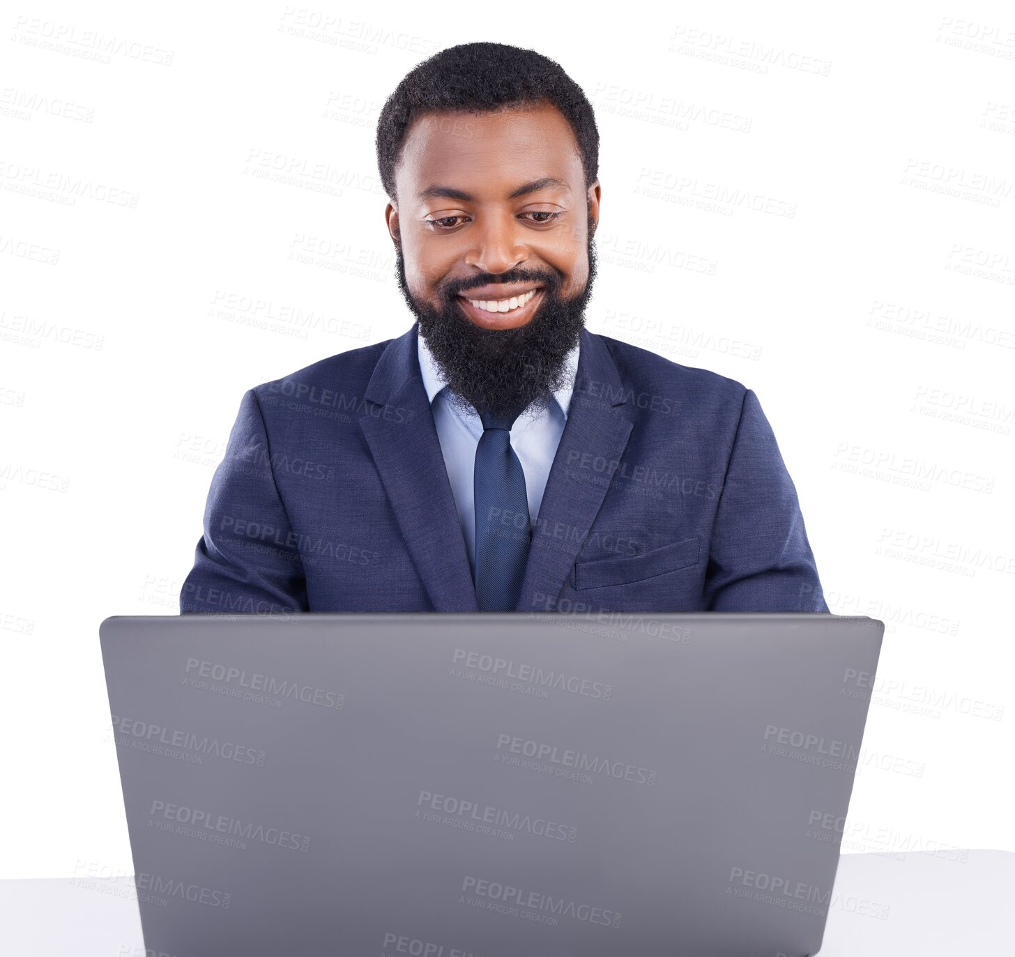 Buy stock photo Black man, happy and working on laptop in studio for trading, market research or typing on transparent png background. Corporate, isolated employee and computer for online business, stocks or crypto