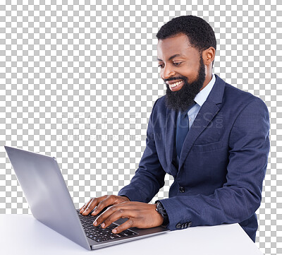 Buy stock photo African business man, isolated and typing with laptop, smile and planning for investment by transparent png background. Happy businessman, computer and reading with focus, thinking or excited at desk