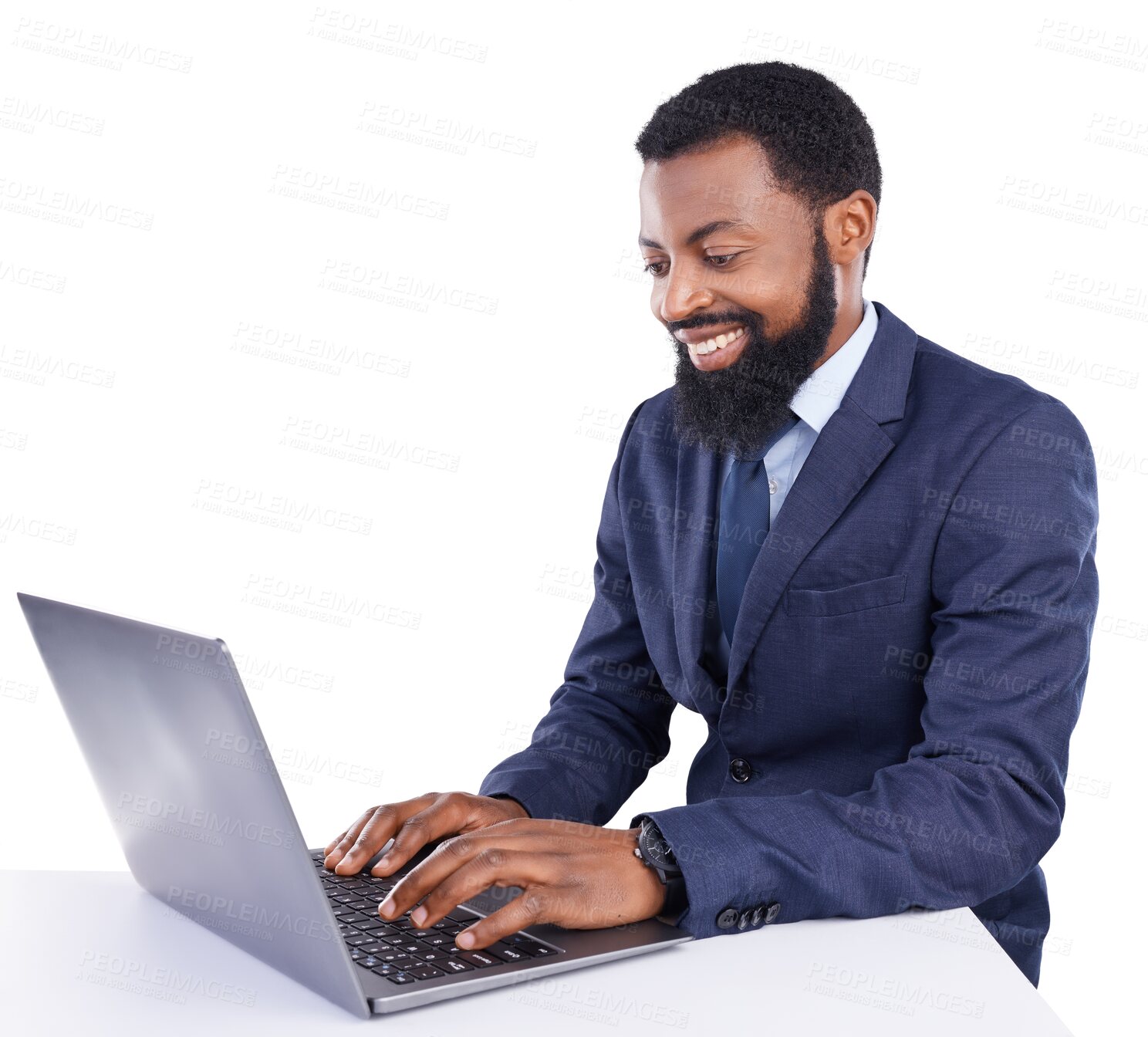 Buy stock photo African business man, isolated and typing with laptop, smile and planning for investment by transparent png background. Happy businessman, computer and reading with focus, thinking or excited at desk