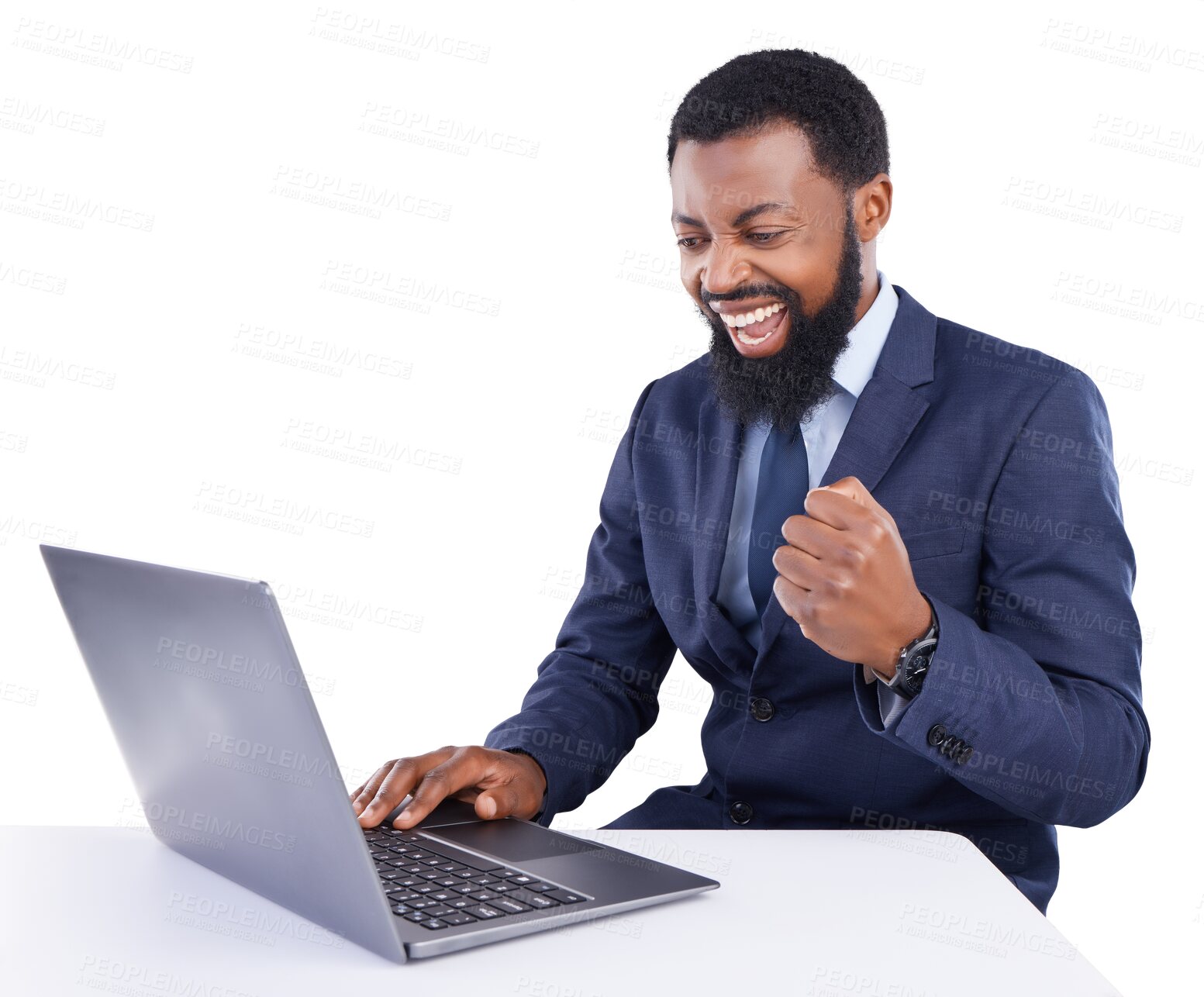 Buy stock photo Isolated business man, celebration and laptop for success, goals and trading with fist by transparent png background. Black businessman, winner and computer with fintech for profit, bonus or gambling