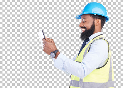 Buy stock photo Tablet, construction and building with an engineer black man isolated on a transparent, png background. Internet, research and project management with a male technician or contractor in engineering