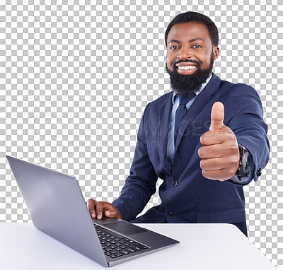 Buy stock photo Isolated business man, thumbs up and laptop for success, vote and portrait with review by transparent png background. Black businessman, winner and finance job with yes, choice or decision with emoji