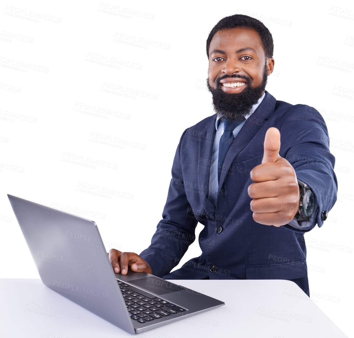 Buy stock photo Isolated business man, thumbs up and laptop for success, vote and portrait with review by transparent png background. Black businessman, winner and finance job with yes, choice or decision with emoji