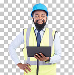 Engineering, black man and tablet in studio portrait with smile for architecture, design and building. Architect, mobile touchscreen and excited face for property, development and project with app ux