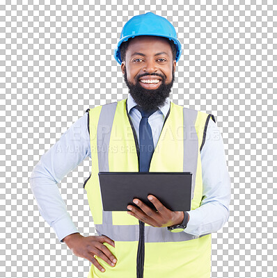 Buy stock photo Black man, tablet and construction, engineer in portrait with digital blueprint and architecture on png transparent background. Male architect, project management with design app and online plan
