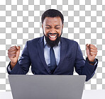 Laptop, celebration and black man in business, studio or achievement of target, goals or motivation. Happy male worker, computer or celebrate success of winner, bonus or fist of winning surprise deal