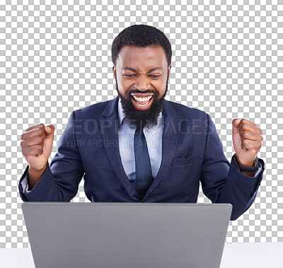 Buy stock photo Excited, laptop and black man for trading or success for stock market or business bonus. Yes, businessman and African winner on pc sales, profit or celebration isolated on transparent png background