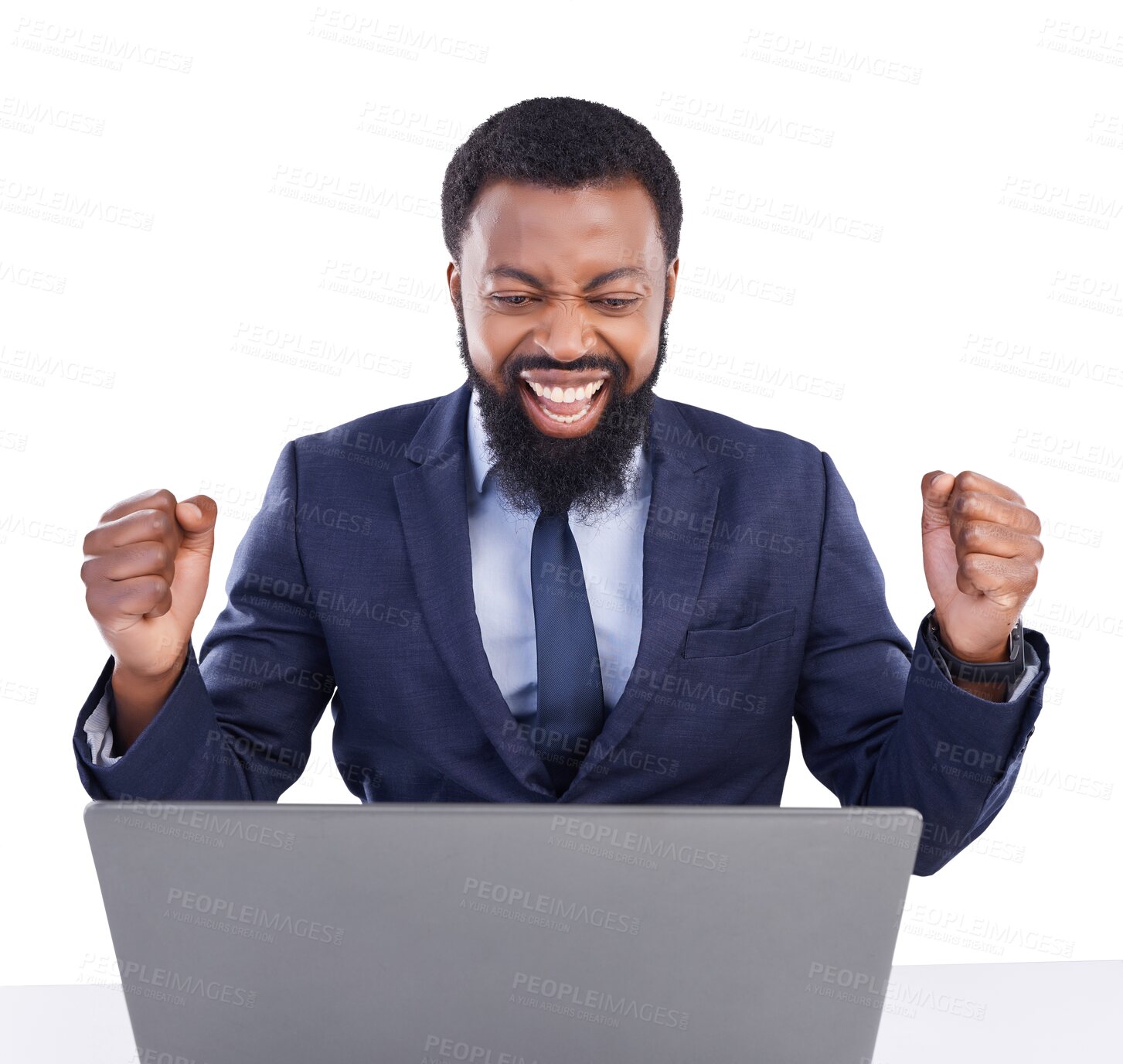 Buy stock photo Excited, laptop and black man for trading or success for stock market or business bonus. Yes, businessman and African winner on pc sales, profit or celebration isolated on transparent png background
