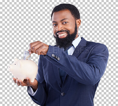 Buy stock photo Portrait, black man with piggy bank and smile in finance, budget or savings isolated on transparent png background. Happy face of African businessman cash, money box and financial investment planning
