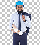 Black man, architect and studio portrait with blueprint roll for design, project and property by white background. African architecture engineer, smile and excited face for real estate construction