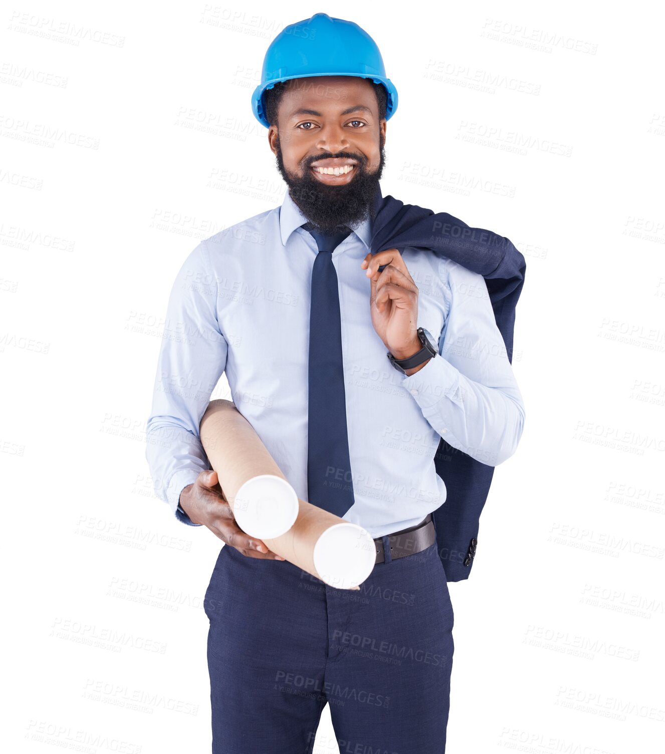 Buy stock photo Architect, black man and blueprint, portrait and construction isolated on transparent png background. Design, floor plan and male engineer, architecture and contractor with maintenance and smile