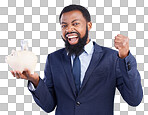 Black man, piggy bank and celebration for financial investment or savings against white studio background. Portrait of excited African businessman holding cash or money pot for winning and investing