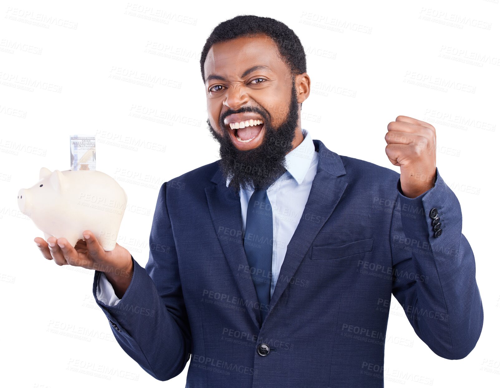 Buy stock photo Portrait, excited and black man with a piggy bank, money and savings isolated on a transparent background. Face, male person and accountant with celebration, profit growth and investment with png