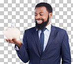 Black man, piggy bank and smile for financial investment or savings against a white studio background. Happy African American businessman smiling holding cash or money pot for investing in finance